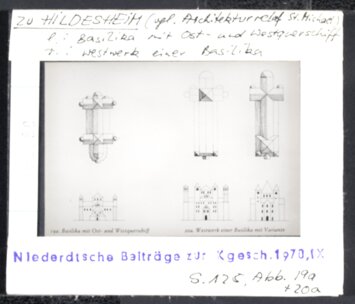 Vorschaubild zu Hildesheim, St. Michael: links: Basilika mit Ost- und Westquerschiff, rechts: Westwerk einer Basilika Diasammlung